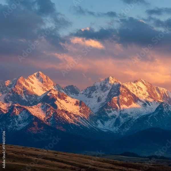 Fototapeta Mountain landscape of snow-capped mountains in the mist.
