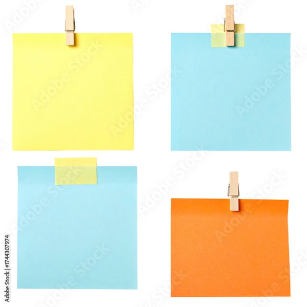 Fototapeta Four colorful square sticky notes, each held by a wooden clip or adhesive