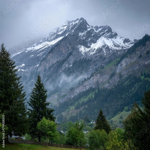 Fototapeta Mountain landscape of snow-capped mountains in the mist.
