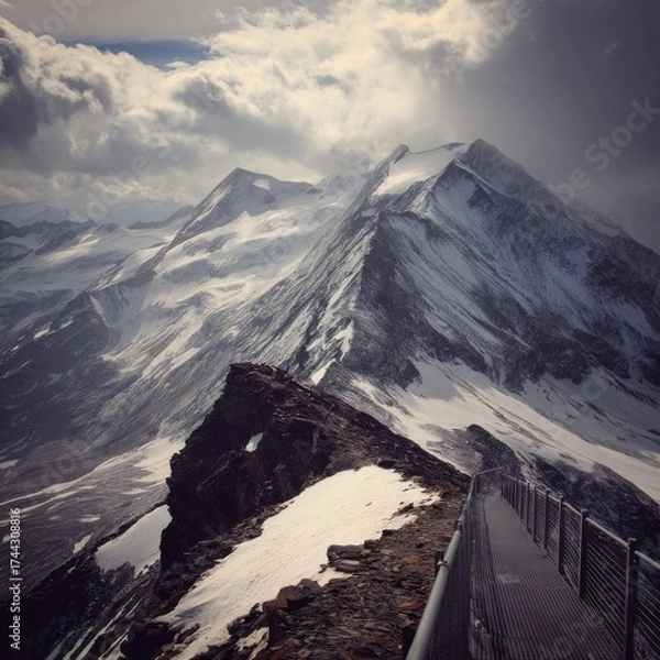 Fototapeta Mountain landscape of snow-capped mountains in the mist.
