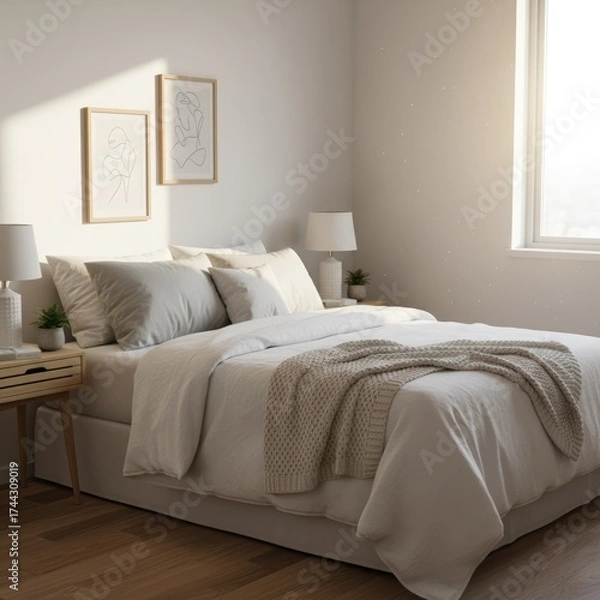Fototapeta Cozy minimalist bedroom interior with neutral tones, sunlight, and modern decor, concept of comfort and serene home design