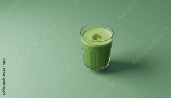 Obraz Glass of matcha green tea on green background, minimal healthy drink concept