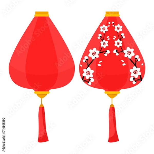 Fototapeta A set of traditional festive red Chinese lanterns with and without cherry blossoms