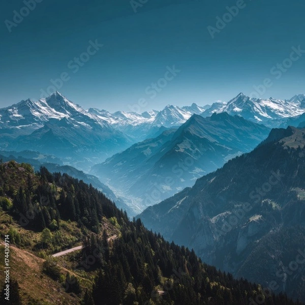 Fototapeta Mountain landscape of snow-capped mountains in the mist.
