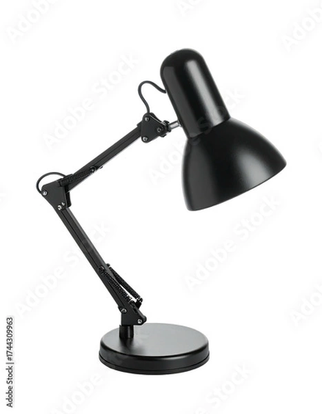 Obraz A sleek, black adjustable desk lamp. Isolated on a black background, angled towards the viewer