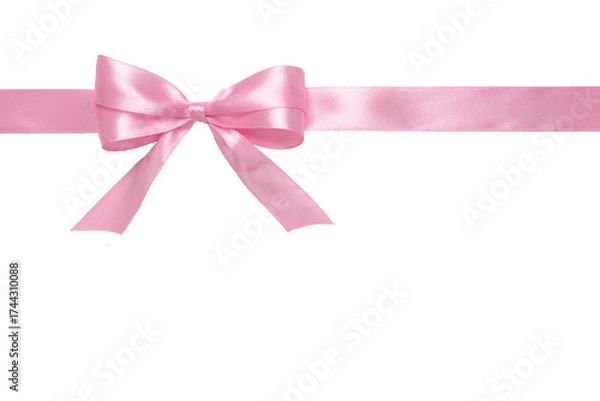 Obraz Pink satin ribbon tied horizontally into a neat bow isolated on white background. Ideal for gift wrapping, wedding, valentines, ecommerce and holiday design.
