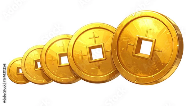 Fototapeta A line of golden coins with square holes, angled on a black background, lit from the right