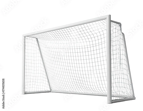 Fototapeta A 3D render of a soccer goal against a dark background, showing net and frame