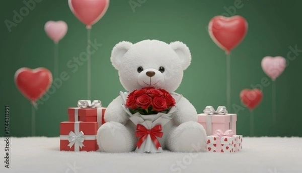 Obraz Cute white teddy bear with red roses and gift boxes on soft surface, romantic Valentine's Day decoration with heart balloons