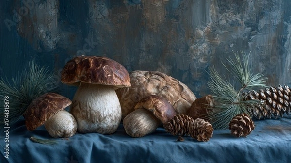 Fototapeta Rustic still life with porcini mushrooms, pine cones, and green needles arranged on blue fabric against a textured background. Natural autumn composition with earthy colors and soft light.