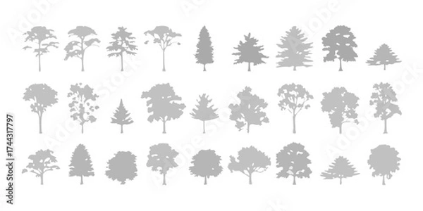 Fototapeta Collection of diverse tree silhouettes in various shapes and sizes on a white background