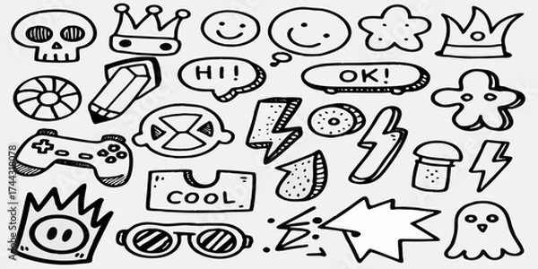 Fototapeta Collection of hand drawn doodle icons including a skull crowns smiley faces and gaming elements