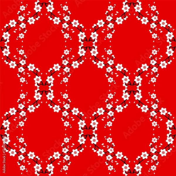 Fototapeta Seamless pattern of cherry blossom branches on a red background