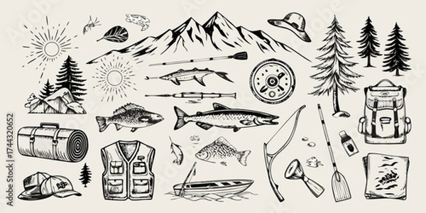 Fototapeta Collection of hand drawn illustrations depicting fishing and outdoor adventure elements with mountains and trees