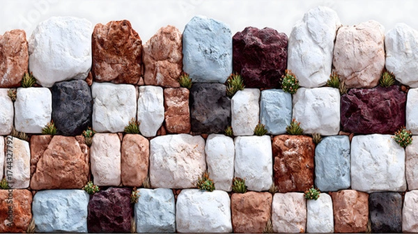 Fototapeta Colorful stone wall with plants, isolated for background texture