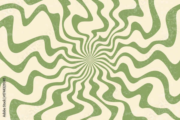 Obraz Groovy retro background with pattern of spiral psychedelic green wavy rays. 70s abstract swirl vector sunburst design. Vintage funky radial hippie poster. Striped playful circular bg