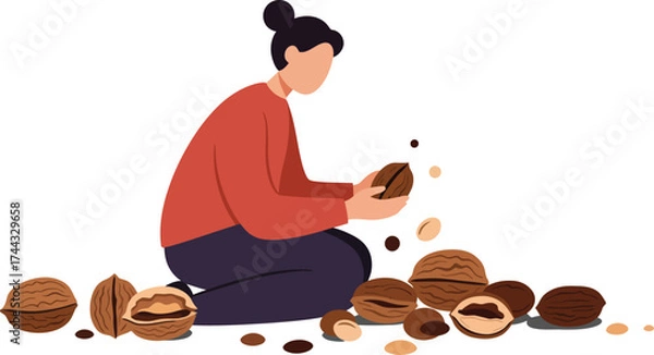 Fototapeta Woman cracking open walnuts with shell fragments and whole nuts around in simple vector illustration 