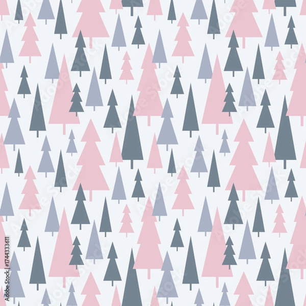 Fototapeta Christmas seamless pattern with festive abstract Christmas trees, vector, flat design. Graphic element, gray-pink pattern template for fabric, wrapping paper, cover, wallpaper, design, label