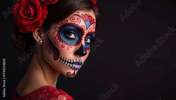 Fototapeta Celebration of life with vibrant sugar skull makeup during Day of the Dead festivities in a dark, artistic setting