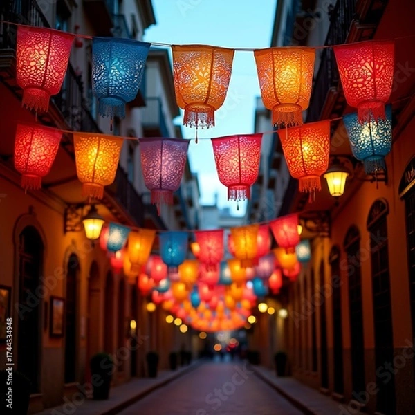 Fototapeta Colorful lanterns illuminate a festive street in a historic town during a summer evening celebration