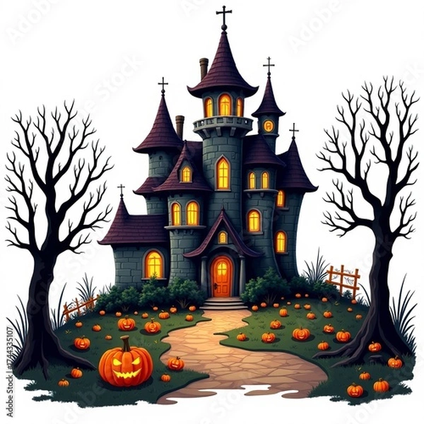 Fototapeta Haunted castle with glowing windows surrounded by pumpkins in an eerie landscape at dusk