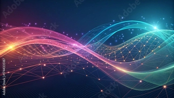 Fototapeta Abstract Futuristic Network Background with Wavy Digital Data Stream and Glowing Connections
