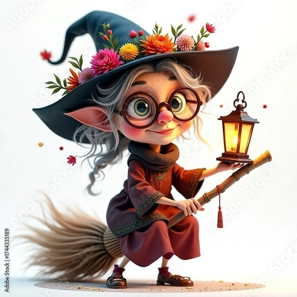 Fototapeta Cute illustration of a whimsical elf girl holding a lantern while riding a broomstick surrounded by flowers
