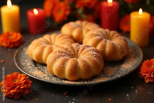 Fototapeta Deliciously shaped sweet bread on a decorative plate surrounded by candles and flowers for a festive celebration