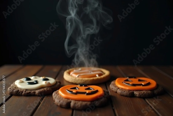 Fototapeta Delicious Halloween cookies with spooky designs and steam rising in a dark setting on wooden table
