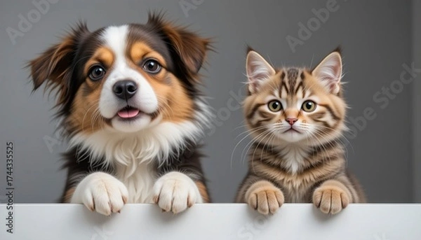 Fototapeta Cute puppy and kitten looking over a white surface in a cozy indoor setting during the daytime