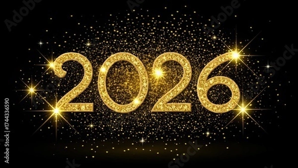 Fototapeta New Year 2026 Golden Glitter Sparkle on Black Background

