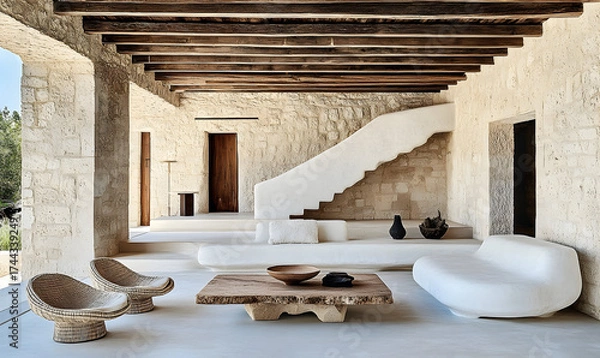 Obraz Modern minimalist home interior design with stone walls and wooden beams