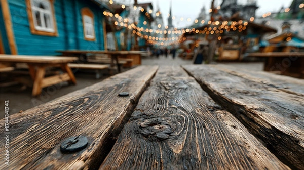 Fototapeta Rustic wooden table at a festive outdoor market with lights for a background