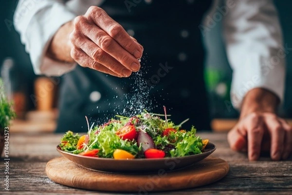 Fototapeta A chef is adding salt to a vibrant salad filled with various fresh vegetables, showcasing skillful preparation in a warm kitchen atmosphere during the day