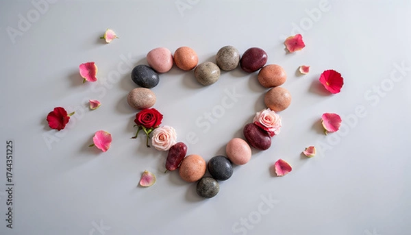 Fototapeta Minimalistic stone composition for Valentine's Day with rose petals and flowers