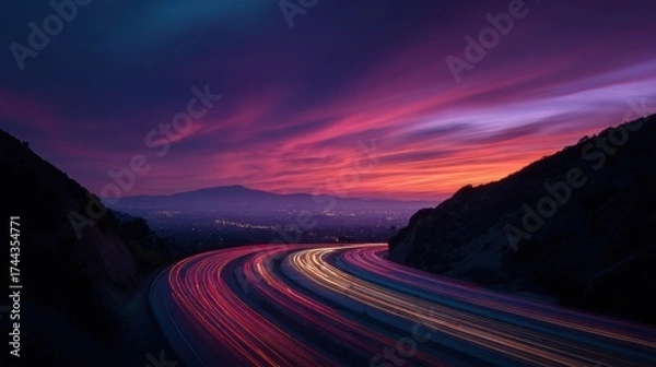 Fototapeta Vibrant twilight sky illuminates a winding road with streaks of car headlights and taillights