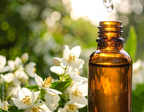 Fototapeta Field Flower Jasmine Jasminum grandiflorum amber glass bottle with a glass dropper pipette dropping a drop essence oil essential aromatherapy