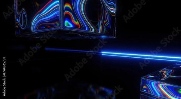 Fototapeta Abstract digital art with neon blue light and iridescent reflections