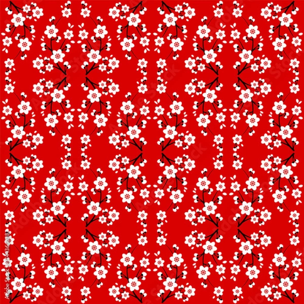 Fototapeta Seamless pattern of small white sakura flowers on a red background