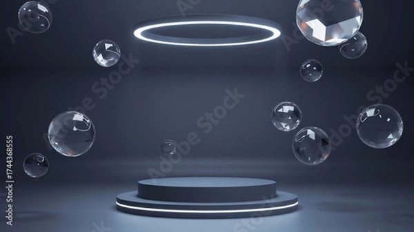 Fototapeta Futuristic Podium with Floating Crystal Spheres and Ring Light