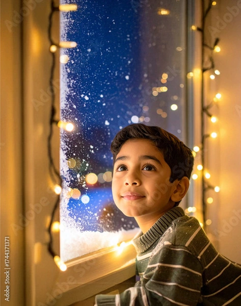 Fototapeta A Cozy Winter Night Scene: A Child Gazing at the Gentle Snowfall Through a Frosted Window Framed by Twinkling Holiday Lights