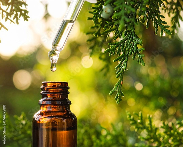 Fototapeta Frasco de vidro âmbar com uma pipeta conta gotas de vidro caindo gota de óleo essencial de Cipreste, árvore Cupressus sempervirens, aromaterapia