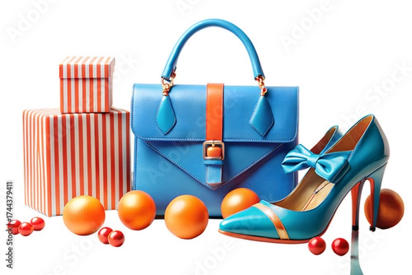 Obraz Celebrating in style with a luxury collection of blue fashion accessories, a high heel shoe, and festive gift boxes for a special occasion