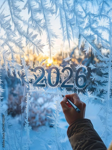 Fototapeta Marking a New Beginning: Hand Writing '2026' on a Frosted Winter Window as a Symbol of New Year Hopes and Future Plans