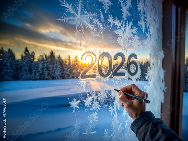 Fototapeta Marking a New Beginning: Hand Writing '2026' on a Frosted Winter Window as a Symbol of New Year Hopes and Future Plans