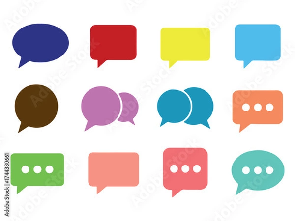 Fototapeta Collection of graphic elements featuring speech bubbles and communication icons in vibrant cmyk colors