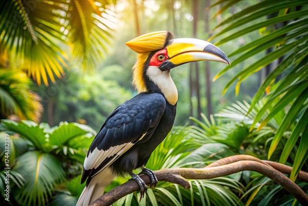 Obraz The majestic profile of a great hornbill perched on a winding branch, its vibrant casque illuminated by golden sunlight in a lush tropical jungle