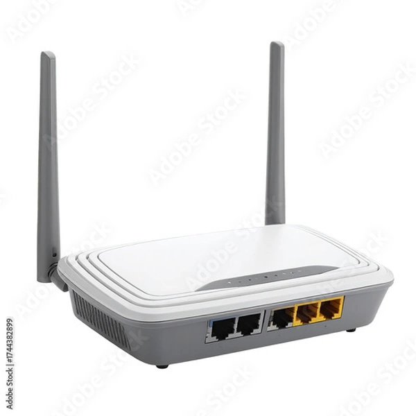 Obraz A white/grey rectangular device with two antennas, ports, and indicator lights