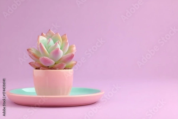 Fototapeta Pastel colored succulent echeveria in a pink ceramic pot with a turquoise saucer sitting on a lilac surface