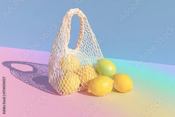 Fototapeta Lemons filling a reusable net bag, sitting on a colorful pastel gradient surface, depicting fresh fruit and sustainable groceries